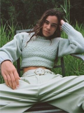 For Love & Lemons Dominique Cable Knit Sweater Mint Green Size Large Puff Sleeve
